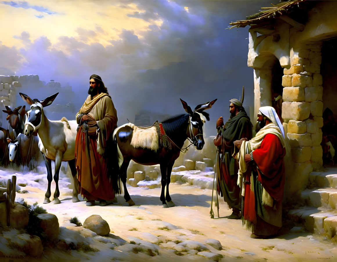 Historical Middle Eastern attire painting with three men and donkeys in ancient setting