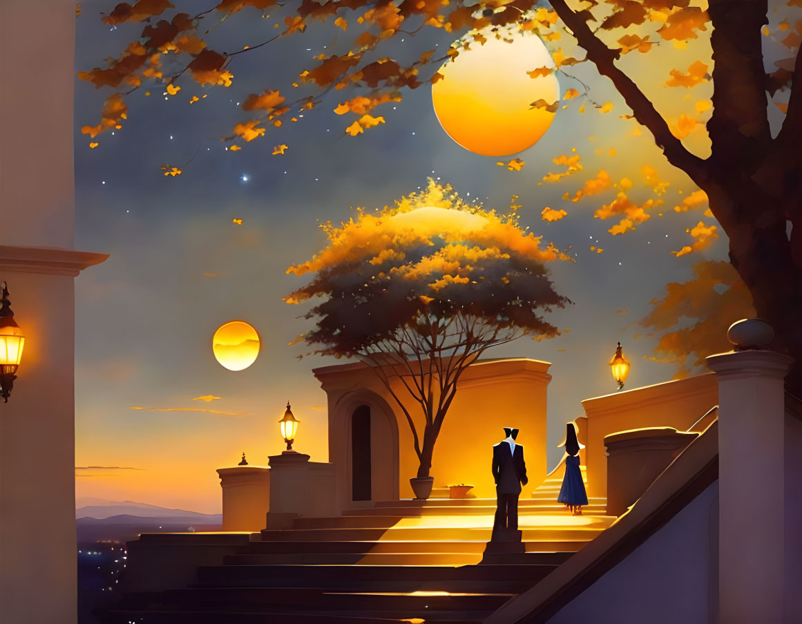 Illustrated couple under twilight sky by gazebo with vivid moon and autumn leaves