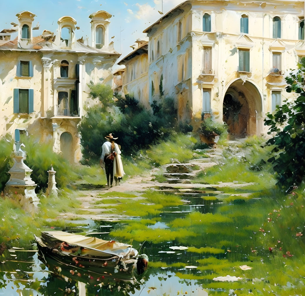 Tranquil painting of person near elegant waterway & classical architecture