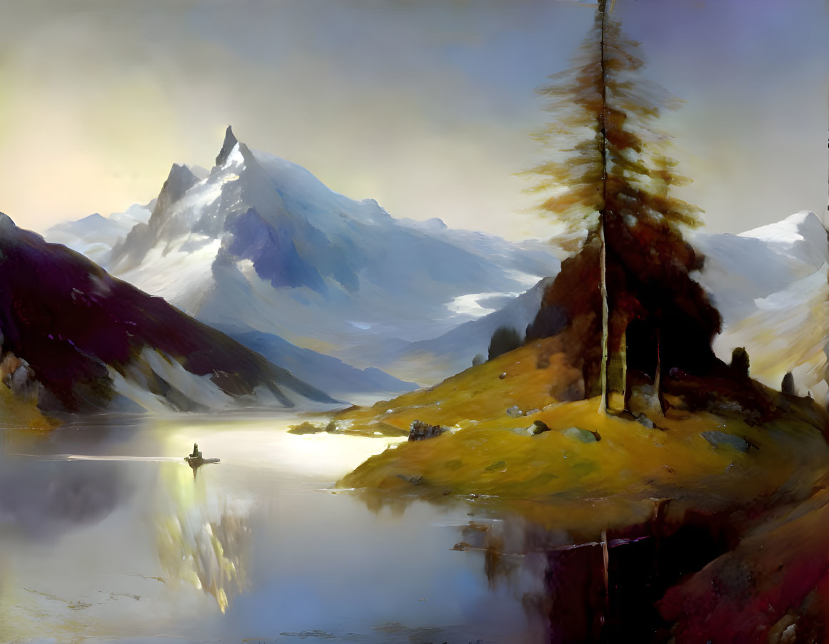 Tranquil landscape painting: solitary figure in boat on serene lake