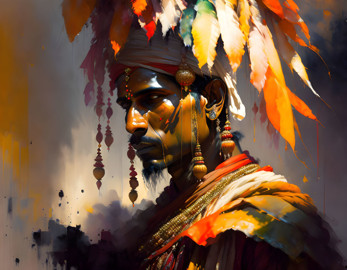 Colorful Feather Headdress and Traditional Attire in Digital Painting