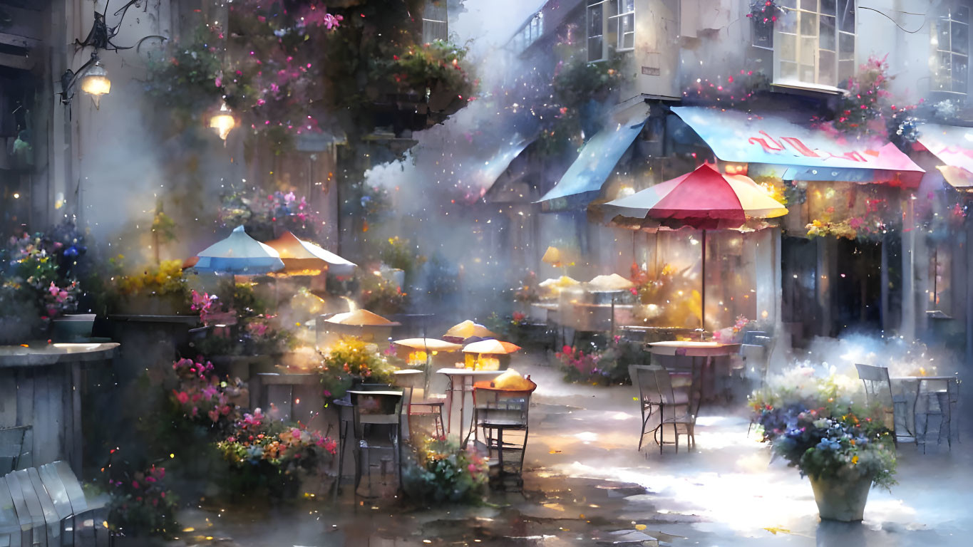 Colorful umbrellas and glowing lights in a rain-soaked street scene with flower-adorned buildings