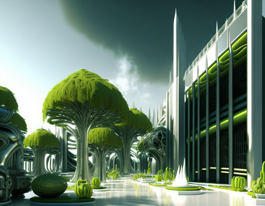 Advanced green cityscape with tree-like structures and integrated nature.