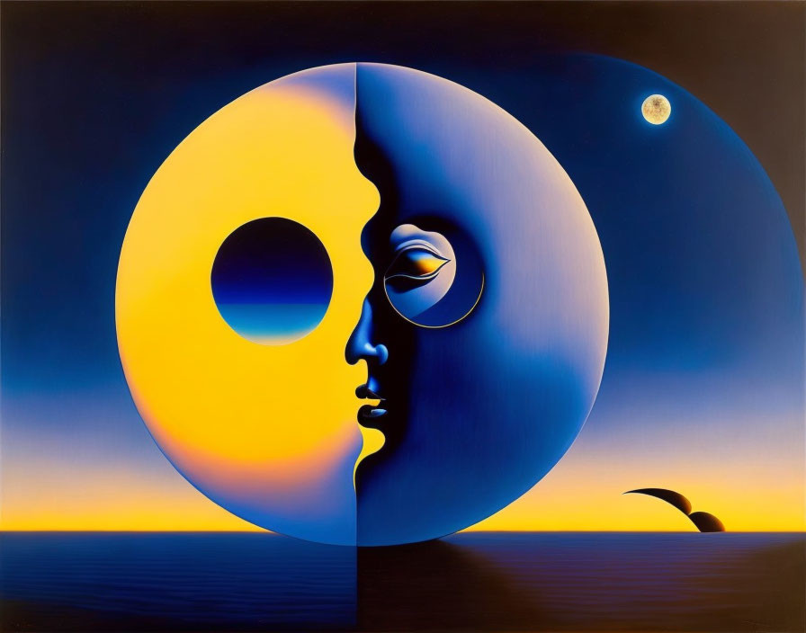 Surreal painting: face merged with sun, moon, stars in twilight.