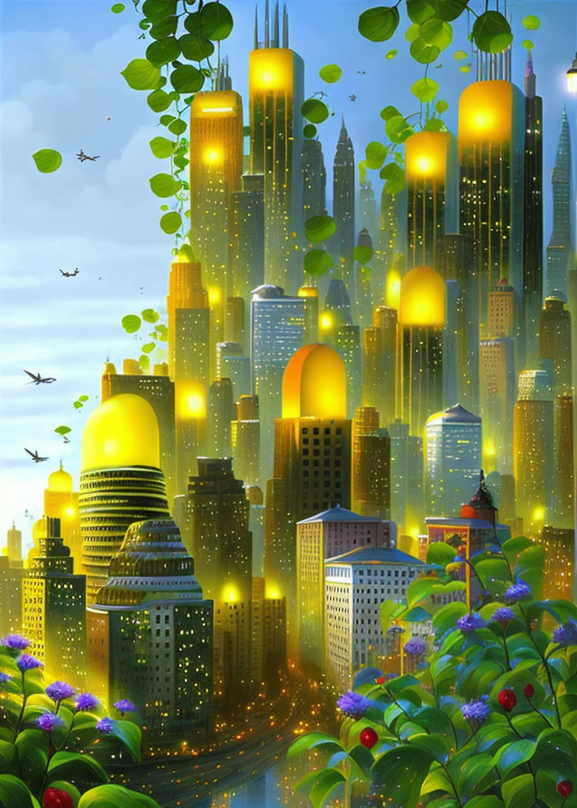 Futuristic cityscape with golden skyscrapers and flying vehicles