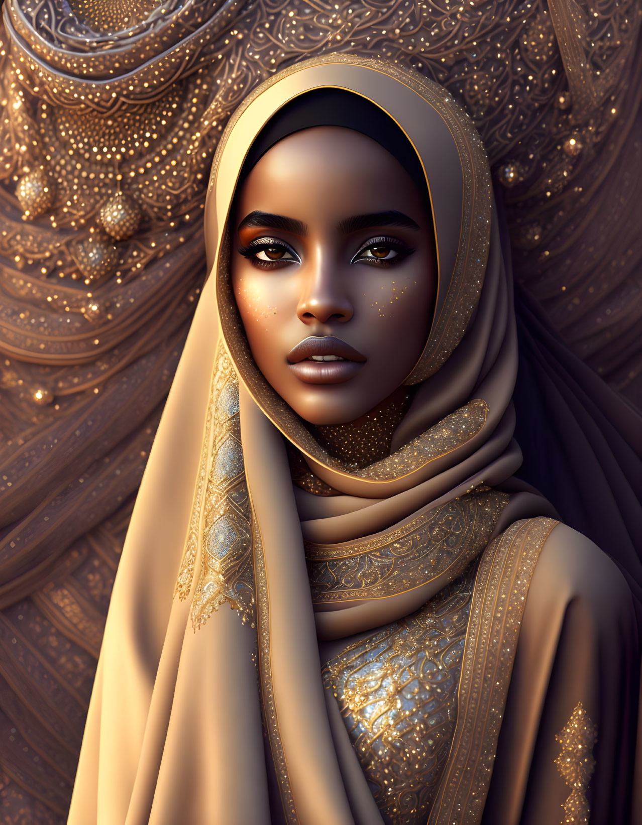 Detailed illustration of woman in golden hijab with intricate designs and striking eye makeup.