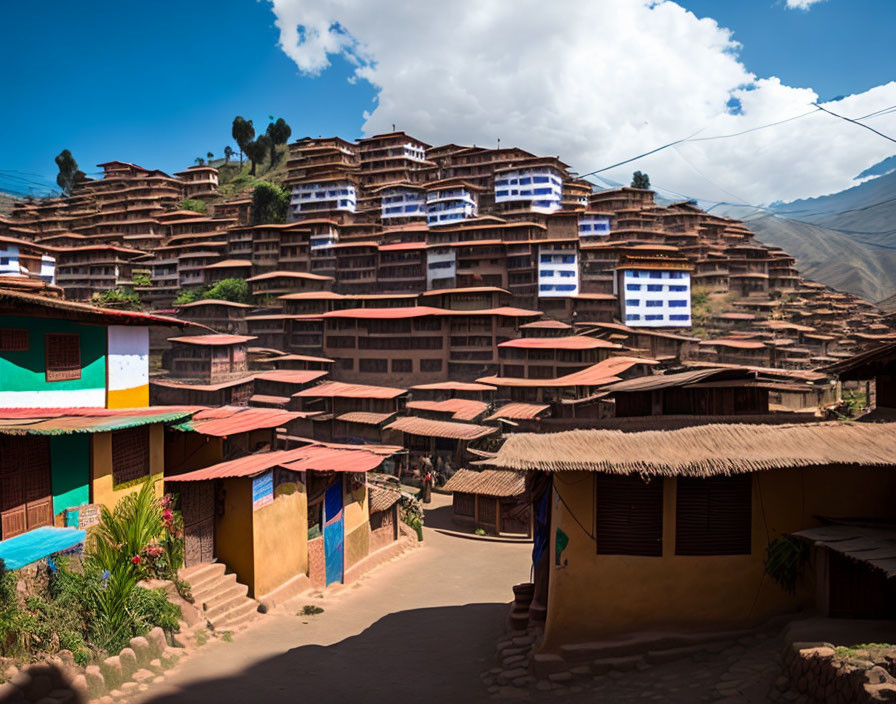 Traditional Terraced Houses on Hillside with Blue Sky and Colorful Doors