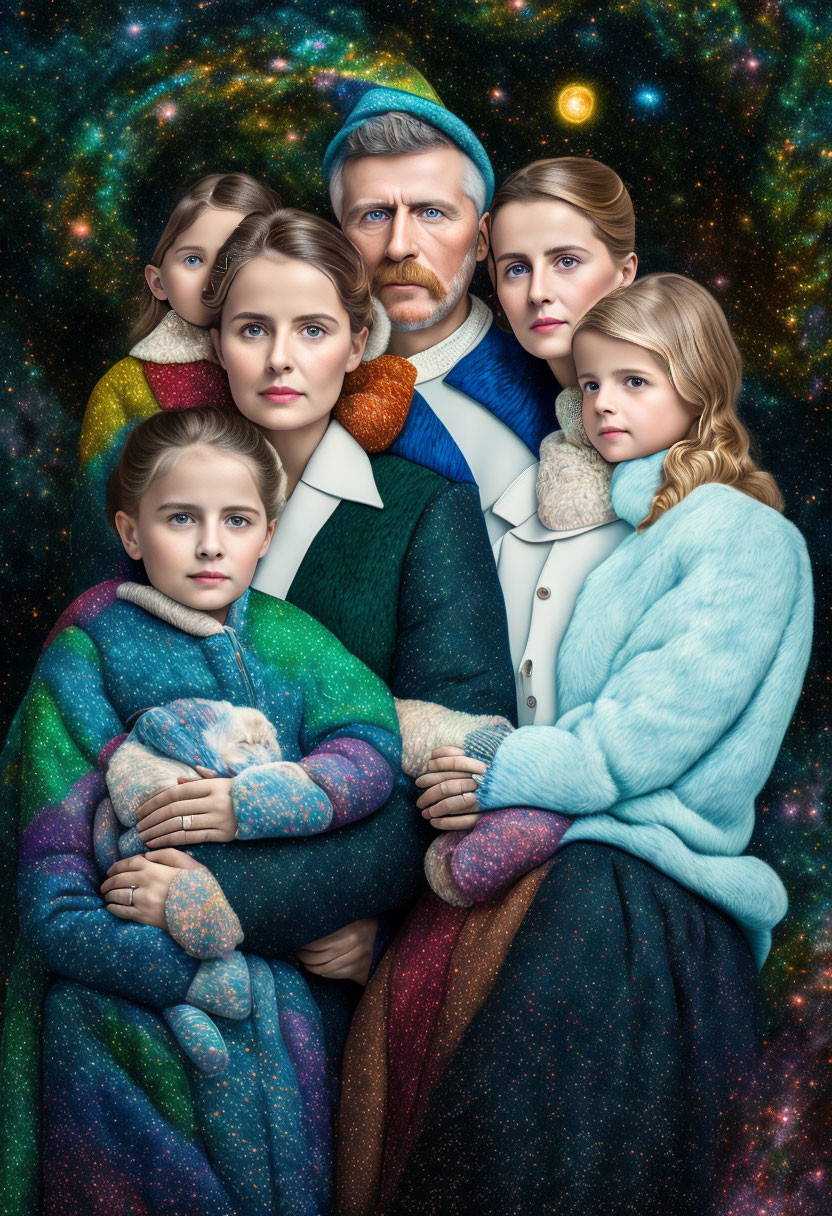 Family Portrait with Cosmic-Themed Attire and Starry Background