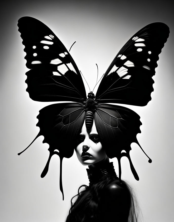 Monochrome image: person with butterfly silhouette overlay.