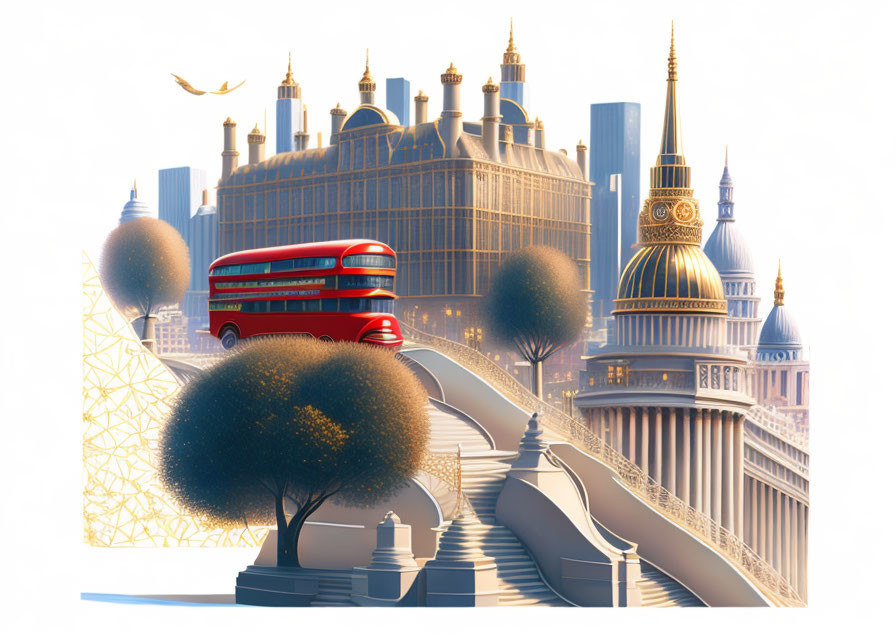 Stylized London illustration with iconic landmarks and whimsical elements