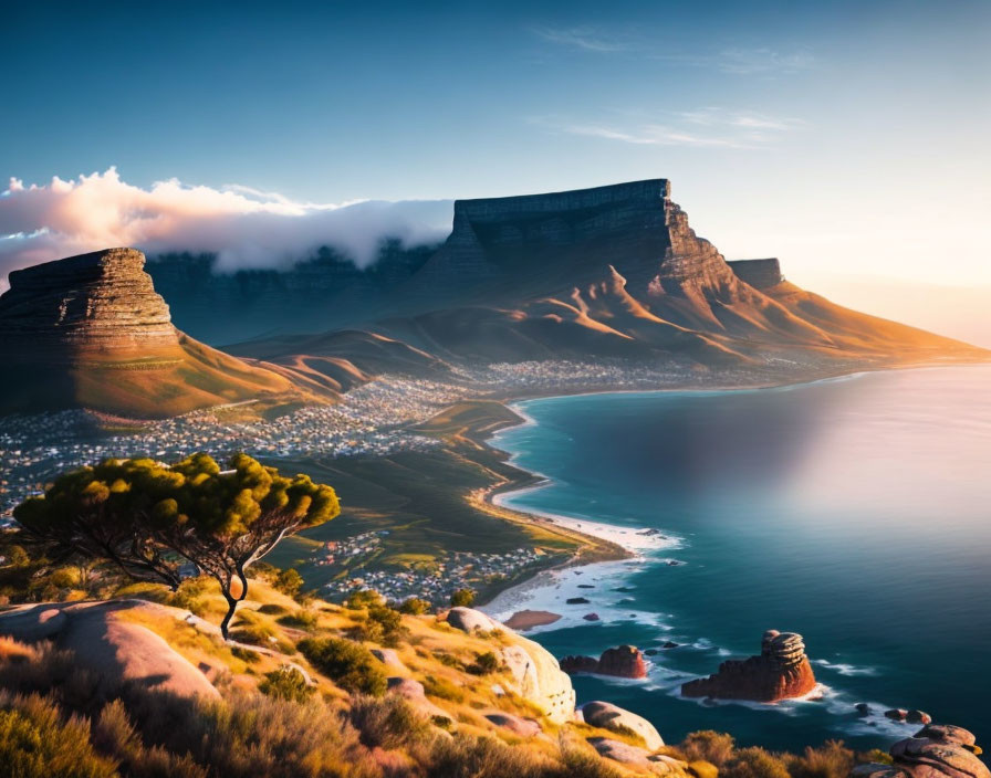 Scenic Table Mountain Sunset View with Rolling Clouds and Coastal City