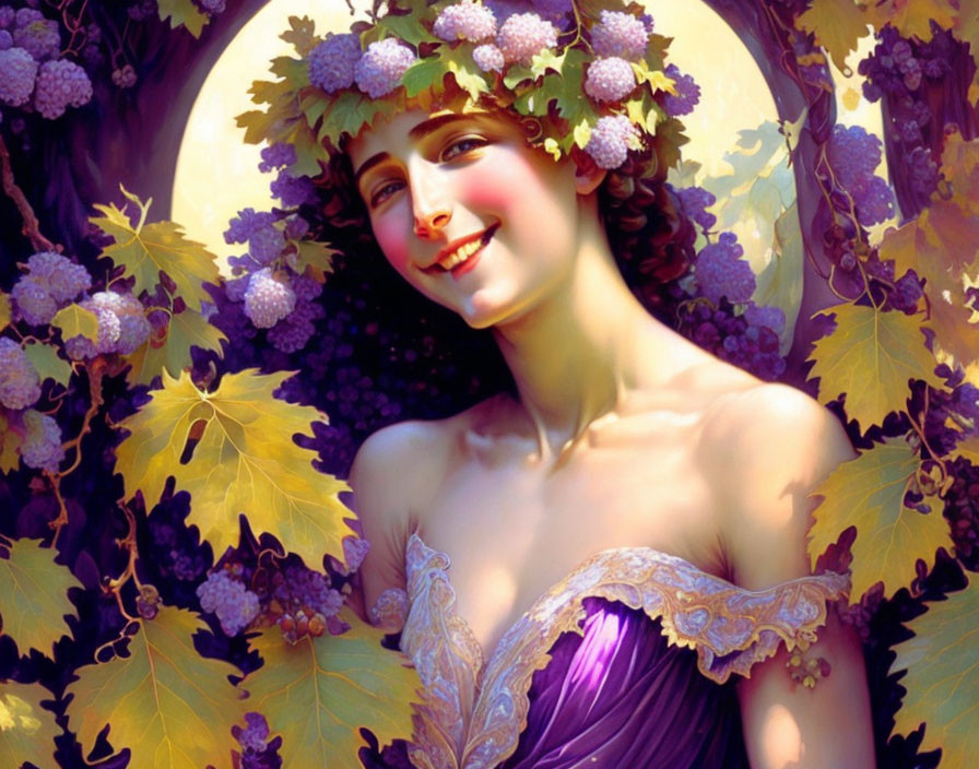 Smiling woman with grapevine wreath in dreamy, purple-themed setting