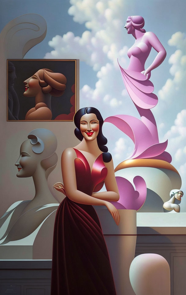 Stylized art deco painting of three smiling female figures in elegant dresses with duck sculpture