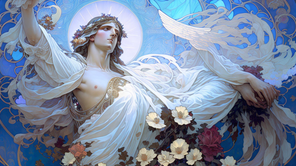 Celestial figure with wings and halo in white robes among flowers