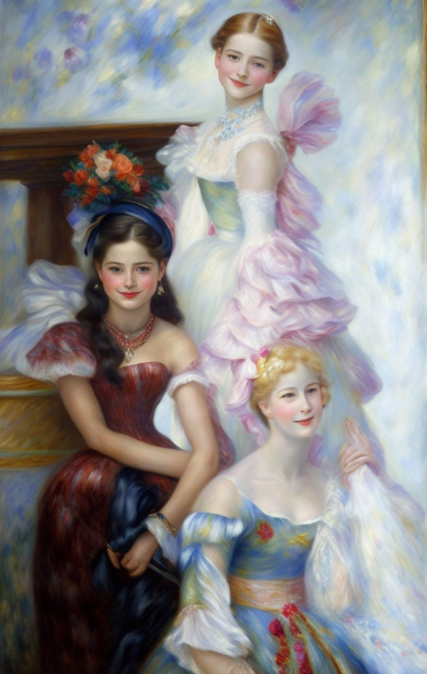 Three Women in Elegant Historical Dresses: Soft Impressionistic Painting Style & Pastel Colors