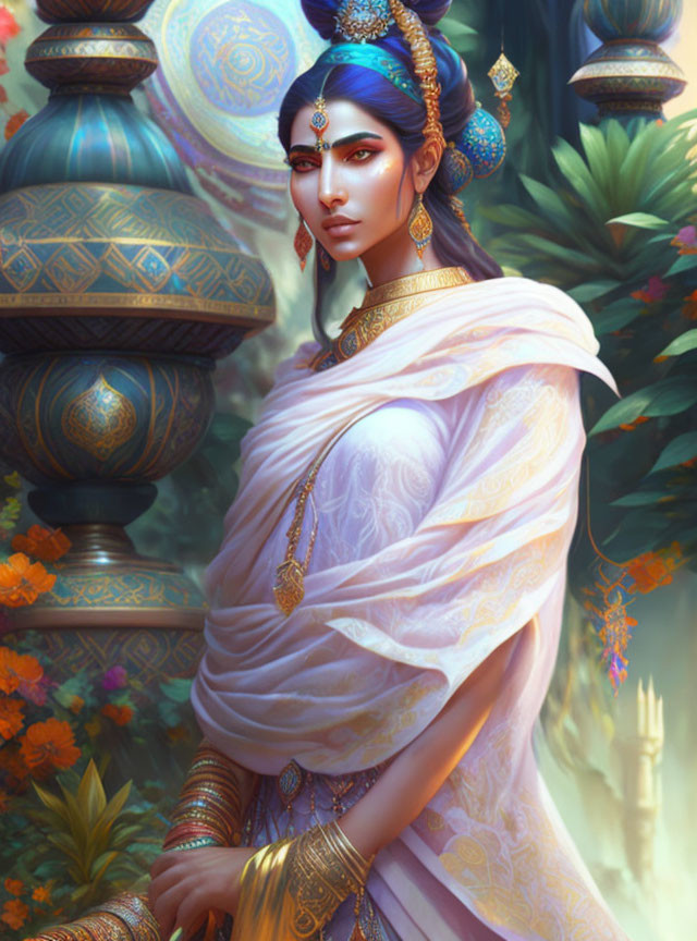 Digital painting of woman with blue skin in Indian attire against ornate pots and greenery.