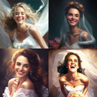 Four portraits of a smiling bride with different hairstyles and floral accessories in a romantic, painted style