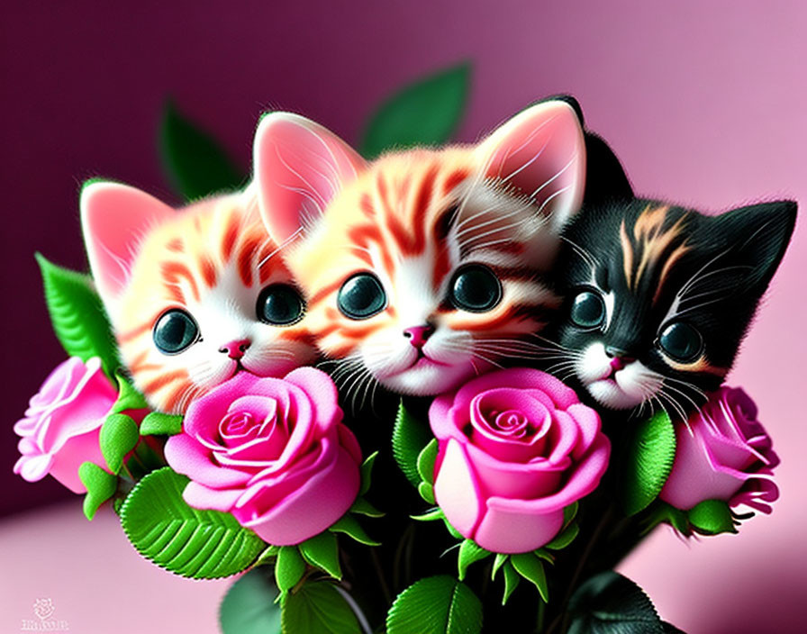 Three kittens peeking from pink roses on gradient background