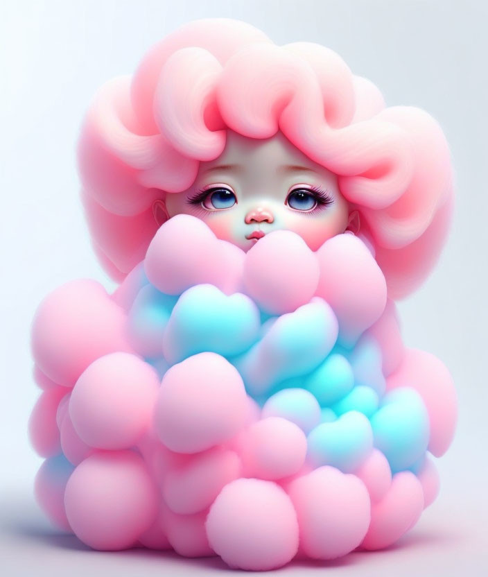 Stylized character with large eyes and colorful cloud-like hair