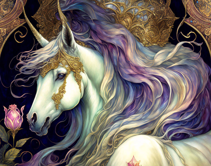 Majestic unicorn with spiraled horn, gold accents, intricate patterns, and blooming rose.