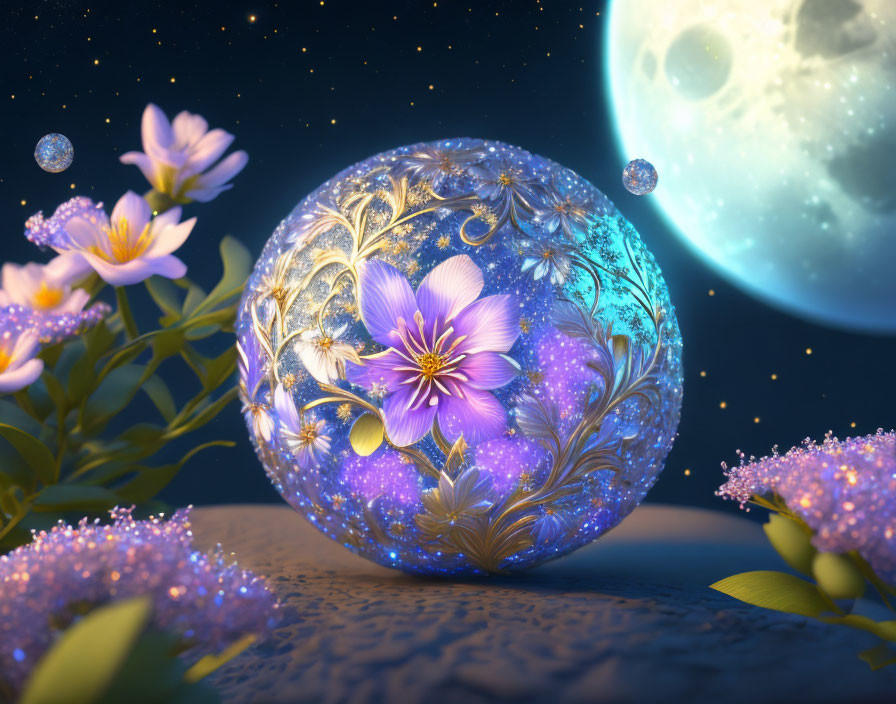 Ornate floral sphere with starry sky and moon