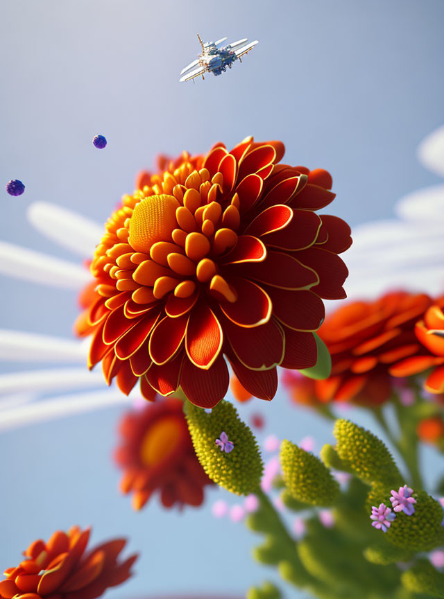 Red Flower in Sharp Focus Against Blue Sky with Space Shuttle and Purple Flowers in Background