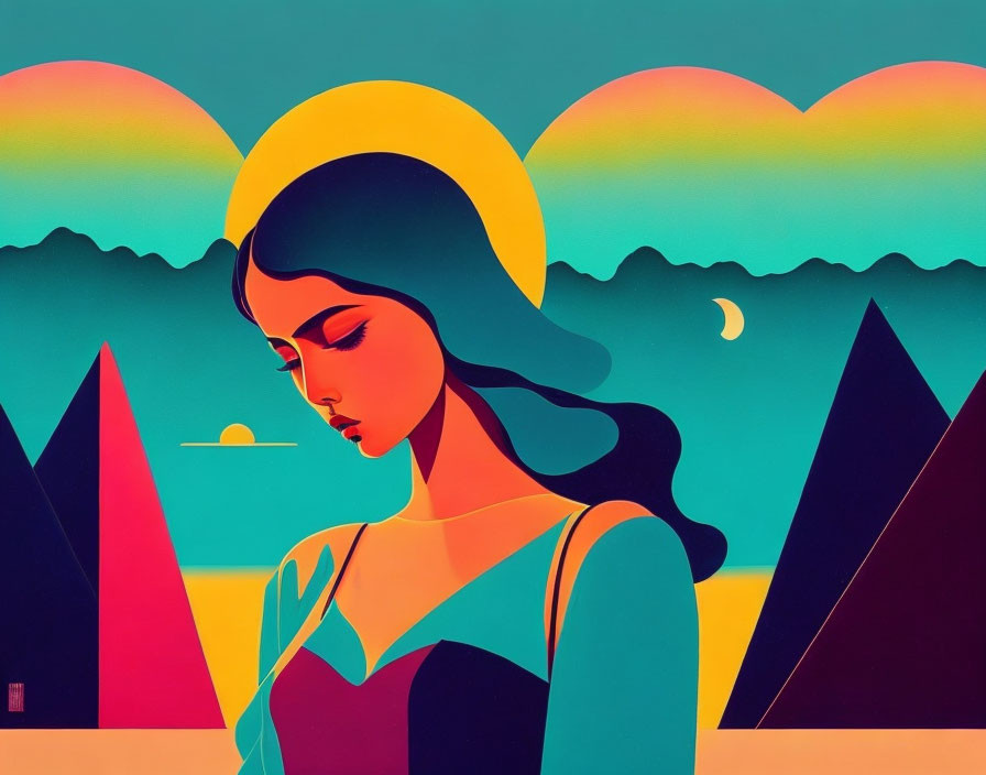 Colorful Woman Illustration with Abstract Landscape Background