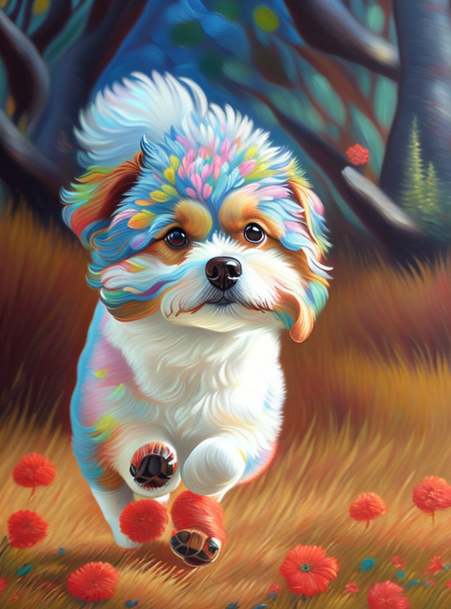 Vibrant painting of fluffy dog in autumn forest with colorful fur