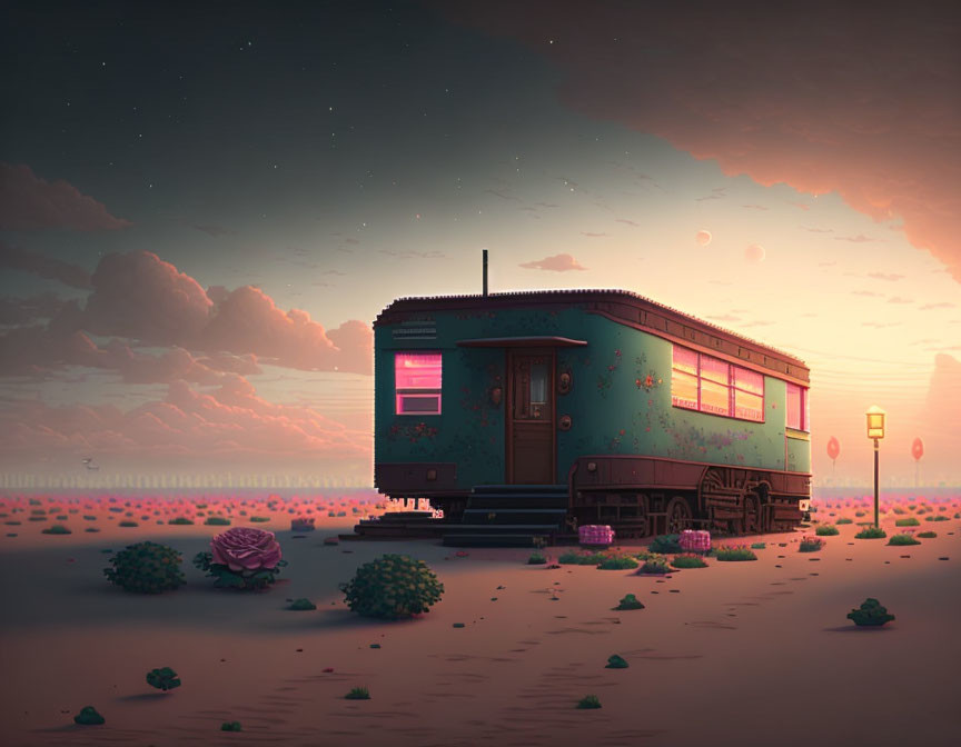 Abandoned railway carriage in desert sunset with cacti and shrubs