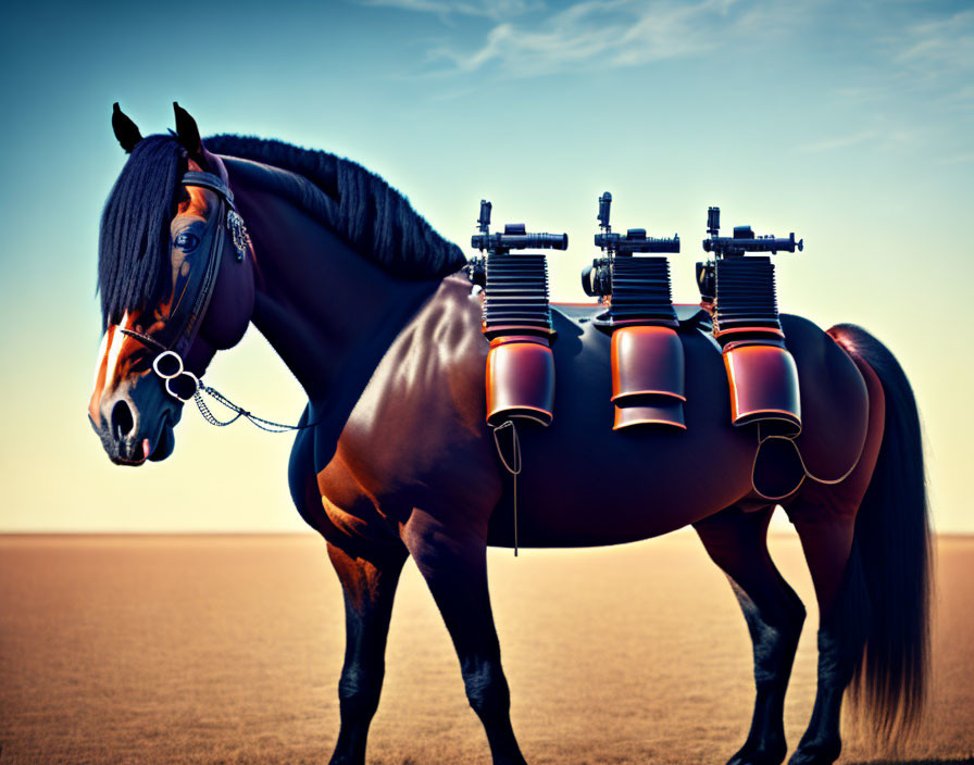 Sleek-coated horse in desert landscape with tattoo machines on its back