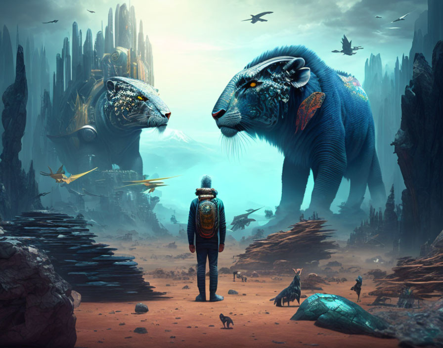 Person facing ethereal feline creatures in surreal landscape