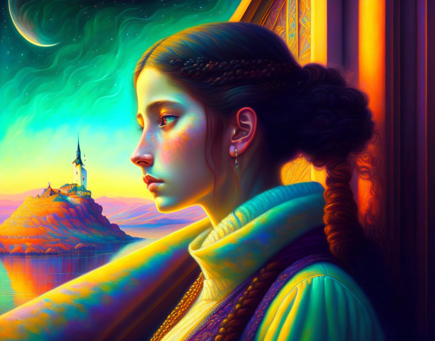 Young woman with braided hair looking out castle window at twilight with colorful sky and distant castle.