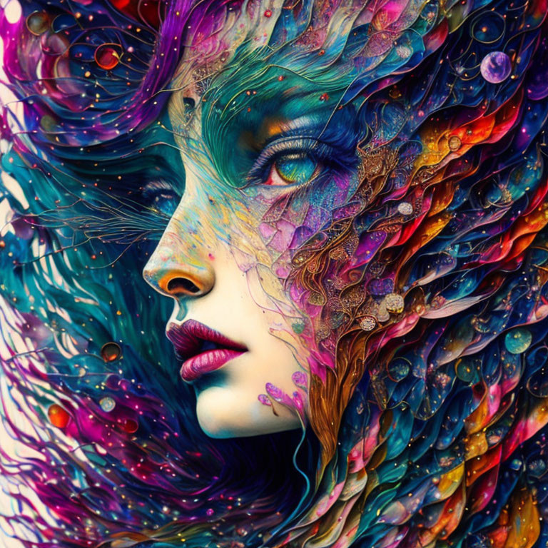 Vibrant digital artwork: woman's profile with colorful, flowing hair and abstract patterns.