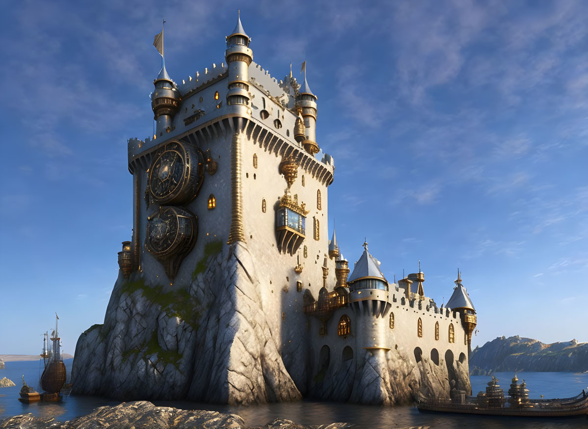 Fantasy castle with clock faces on rocky outcrop by the sea