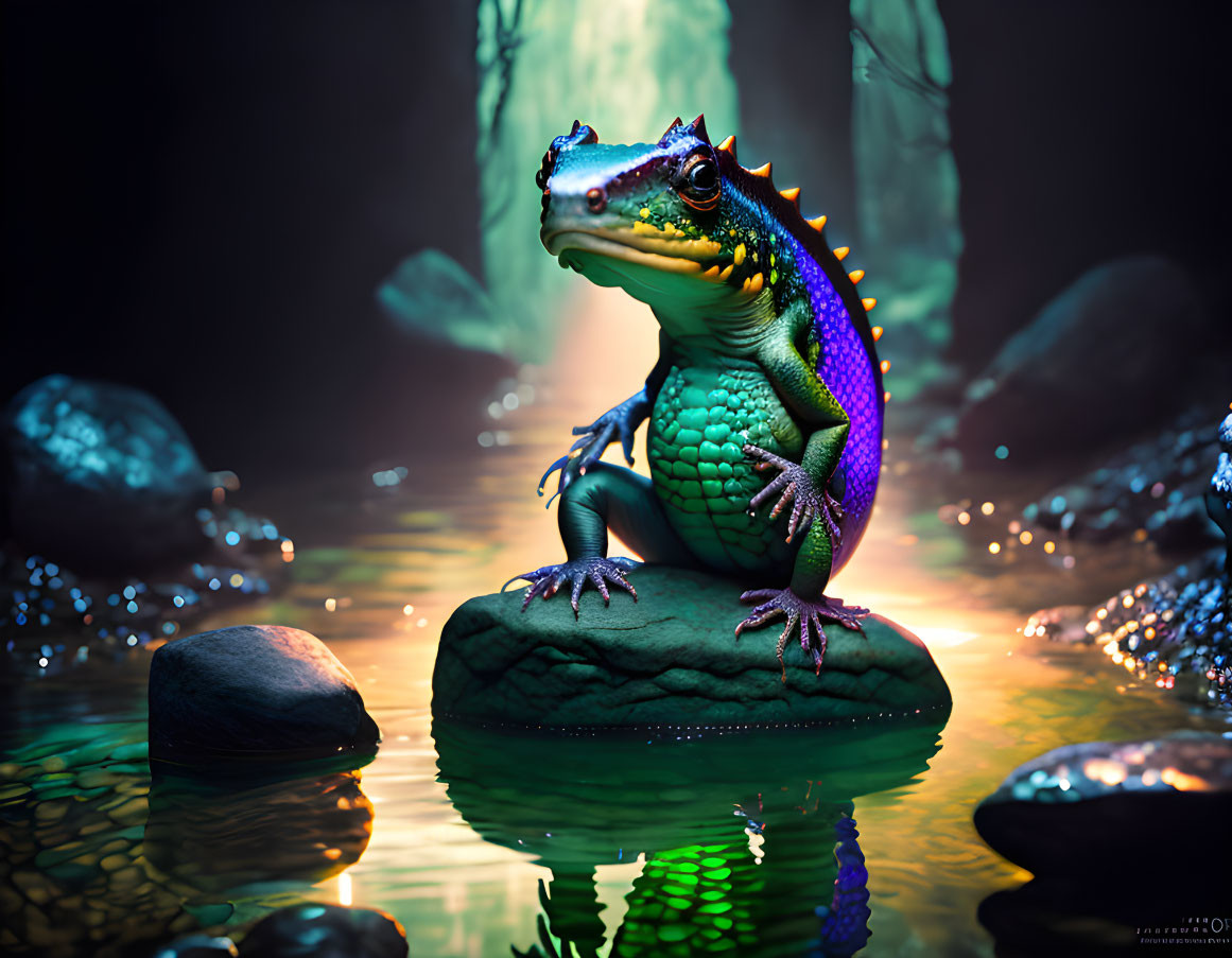 Colorful anthropomorphic lizard in mystical fog-laden marsh