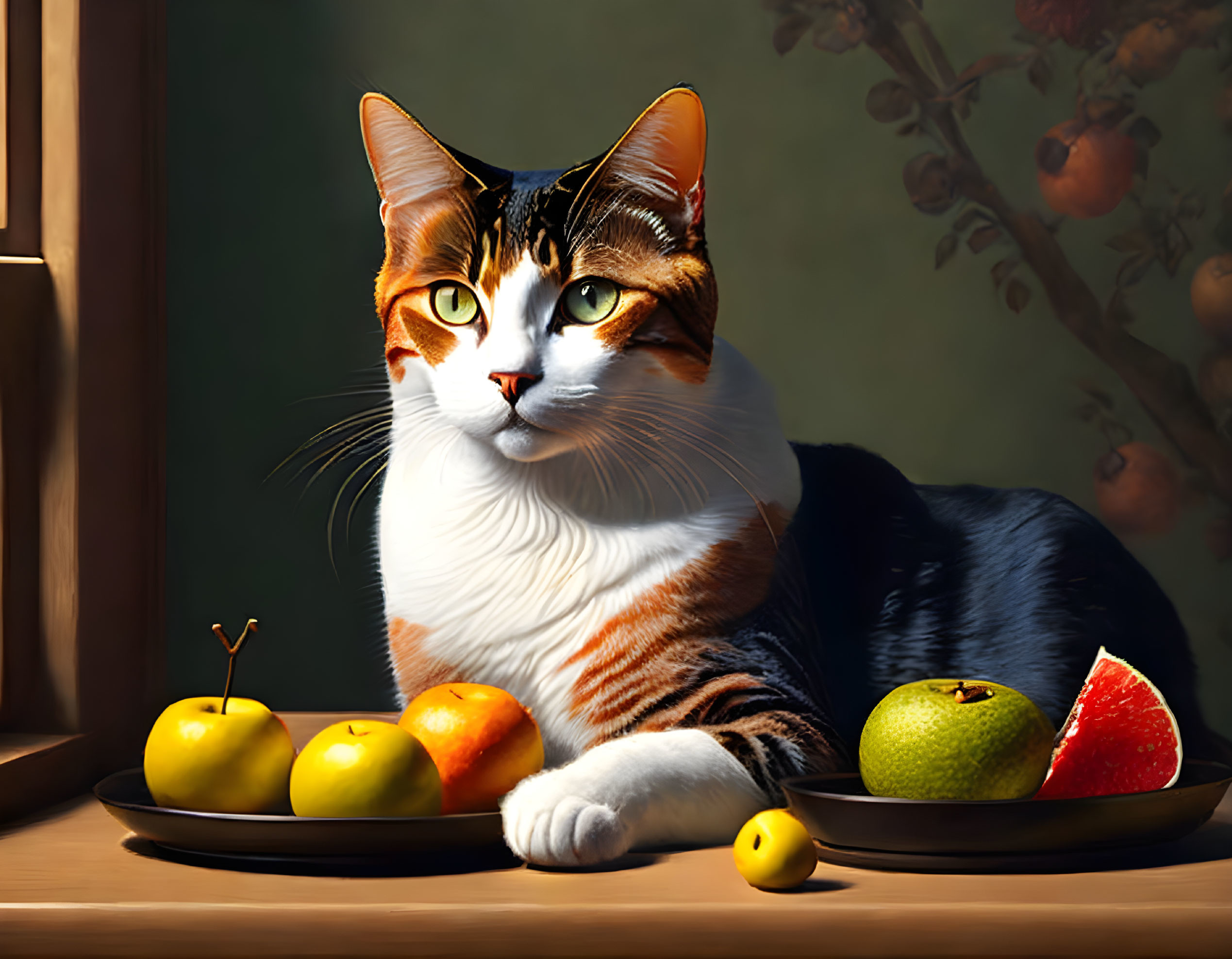 Calico cat with plate of fruit in warm sunlight