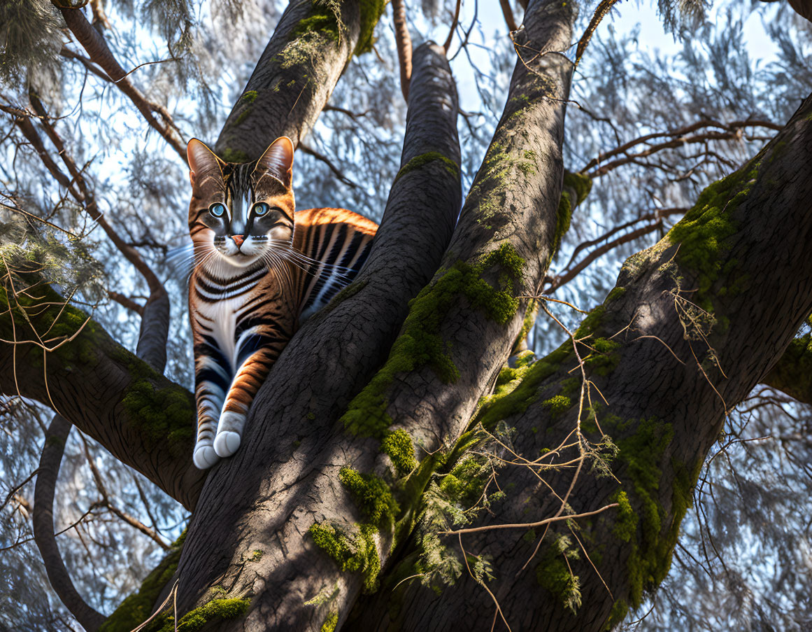 Striped Cat with Green Eyes on Moss-Covered Tree Branch in Forest
