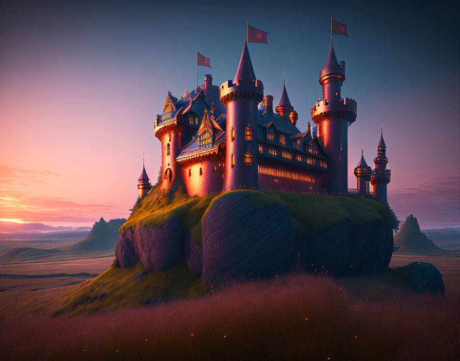 Majestic fantasy castle on rock in sunset field