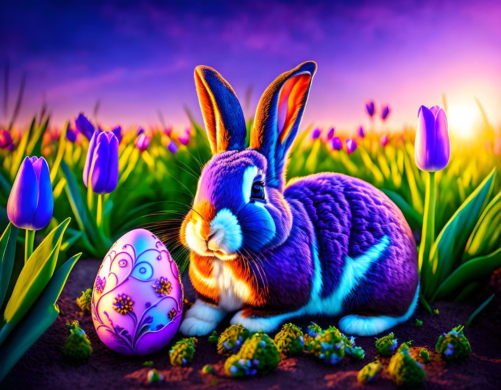 Colorful Rabbit and Egg Illustration with Tulips under Purple Sunset Sky