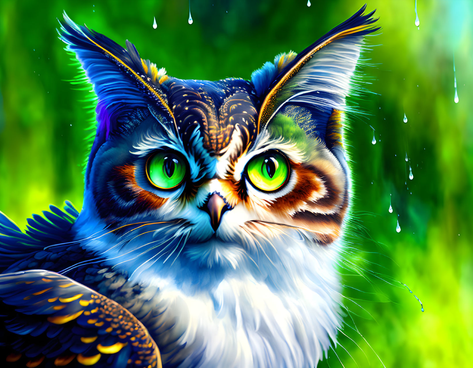 Colorful Owl Artwork with Green Eyes and Feather Patterns