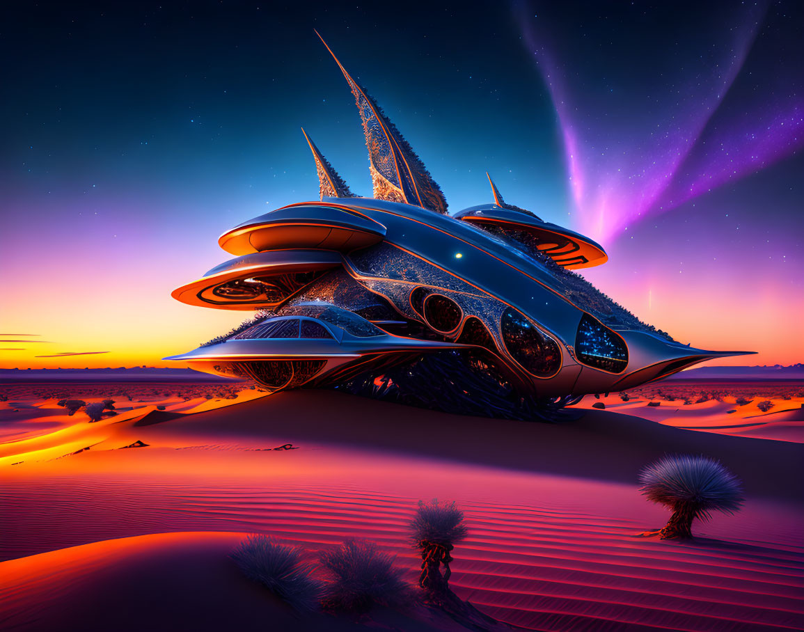 Futuristic blue spaceship on desert with purple auroras at twilight