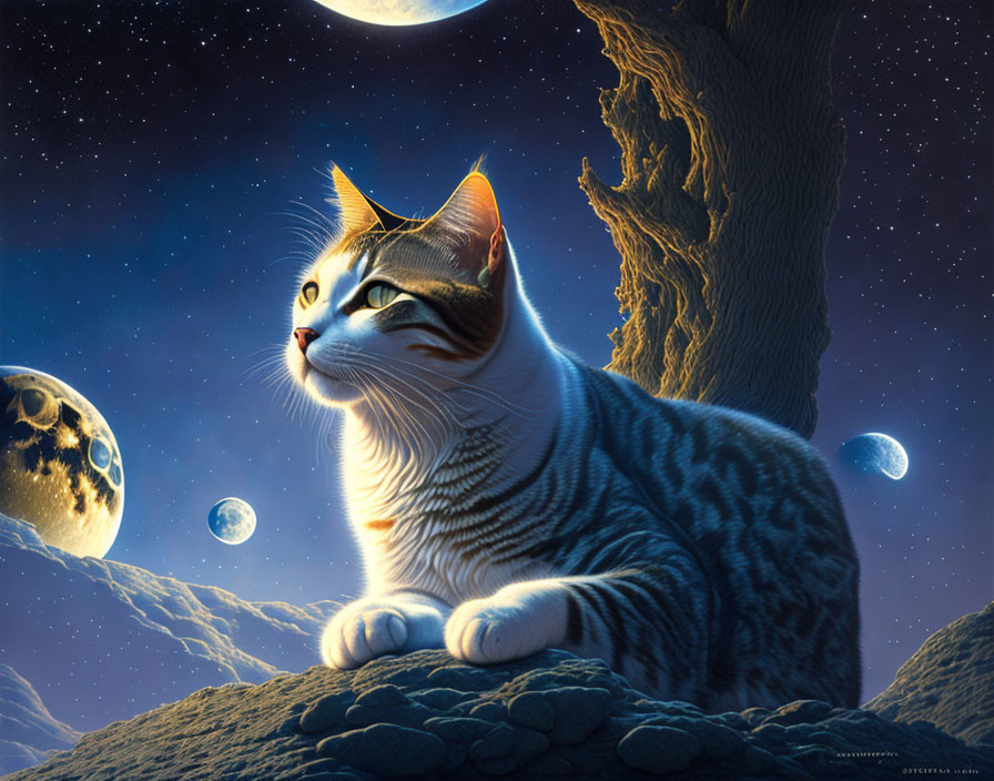 Tabby cat under starry sky with moons, by old tree