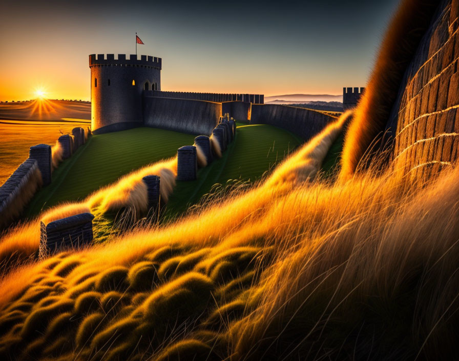 Scenic landscape with castle, hay bales, and tall grass at sunset