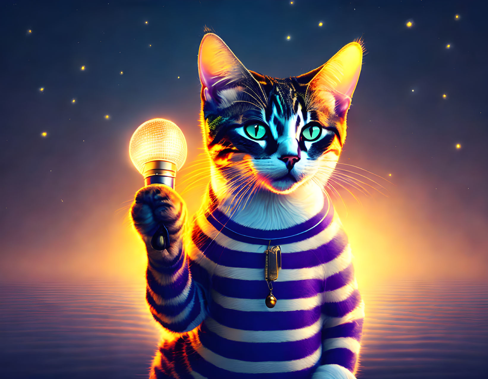 Stylized cat with human-like features holding microphone against starry backdrop