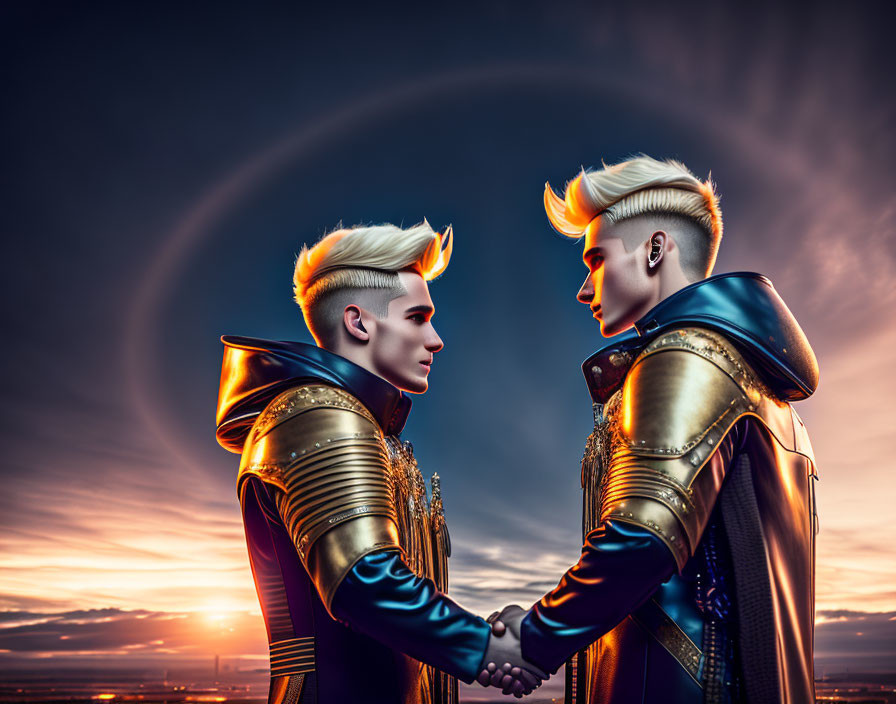 Futuristic individuals in metallic clothing shake hands under dramatic sunset sky