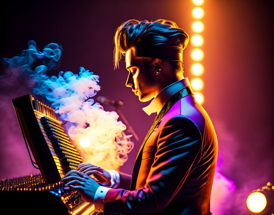 Musician with Mohawk Plays Piano in Vibrant Purple and Orange Lights