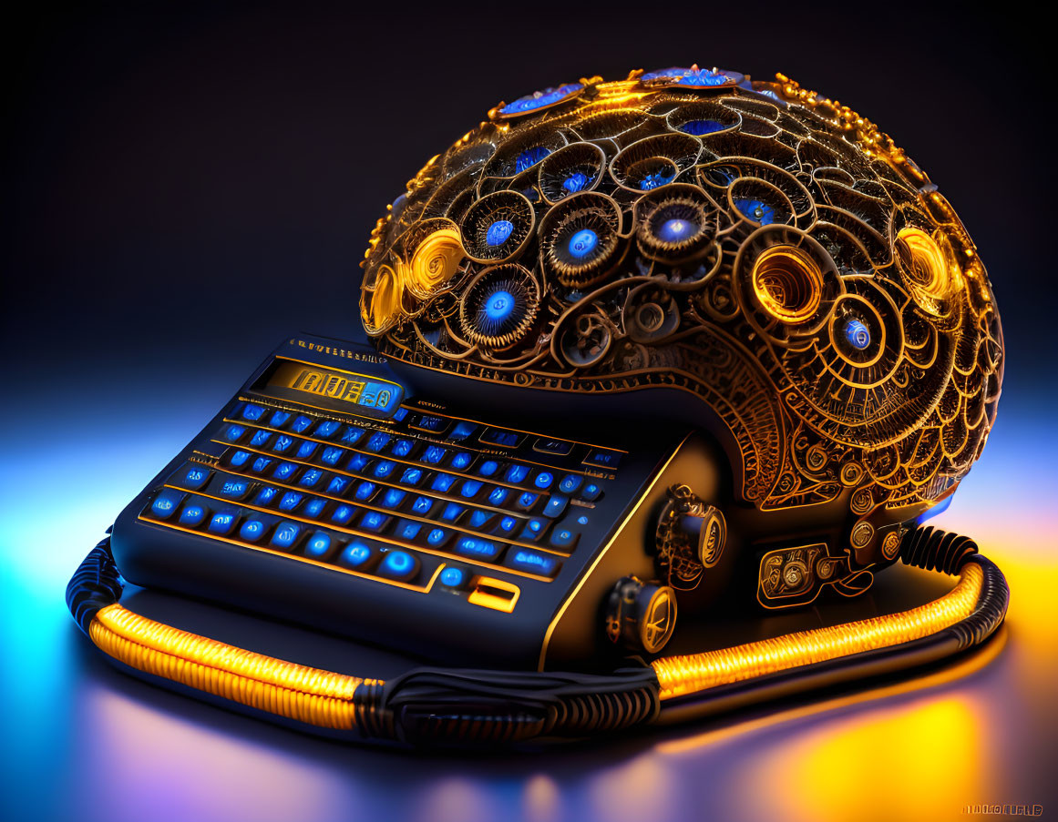 Stylized futuristic telephone with gold patterns and glowing blue buttons