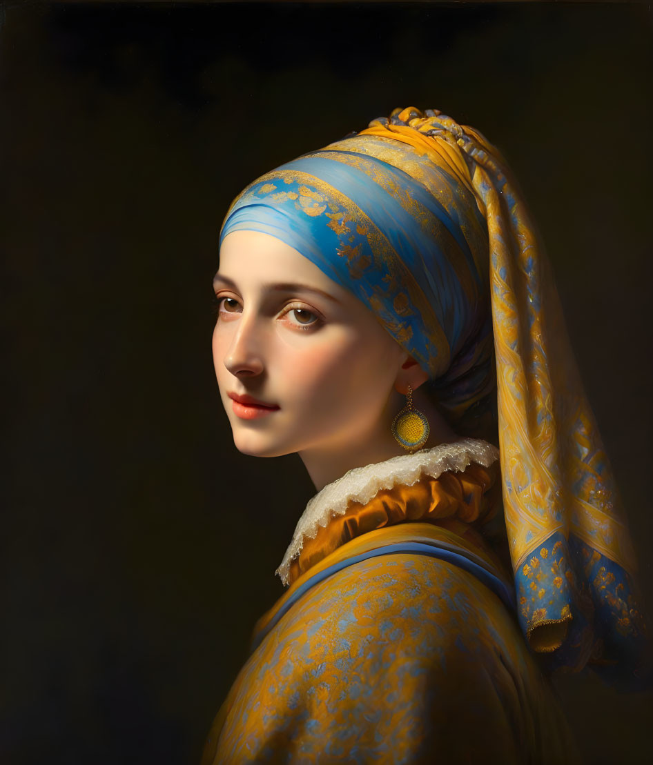 Serene woman portrait in blue and gold headscarf, gold earring, and off-white r