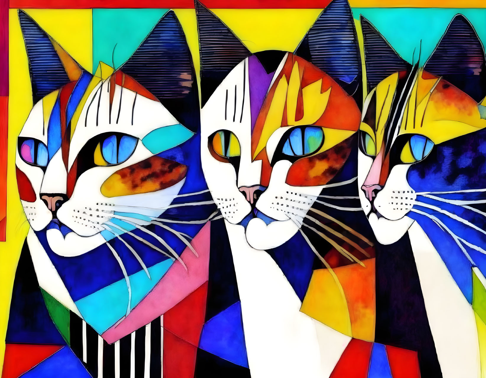 Vibrant geometric cat painting with patchwork patterns