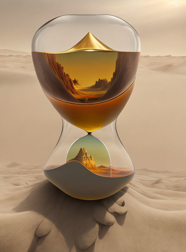 Surreal hourglass with desert landscapes on sandy background